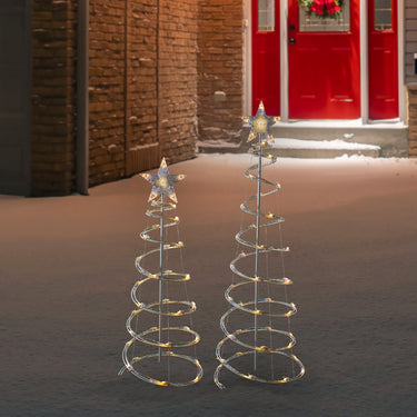 Set of 2 LED Lighted Warm White Outdoor Spiral Christmas Cone Trees 3', 4'